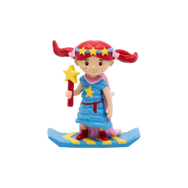 Mädchenfigur mit roten Zöpfen im blauen Kleid, hält einen Sternstab, steht auf blau-gelbem Brett. Mädchenfigur mit roten Zöpfen im blauen Kleid, hält einen Sternstab, steht auf blau-gelbem Brett.