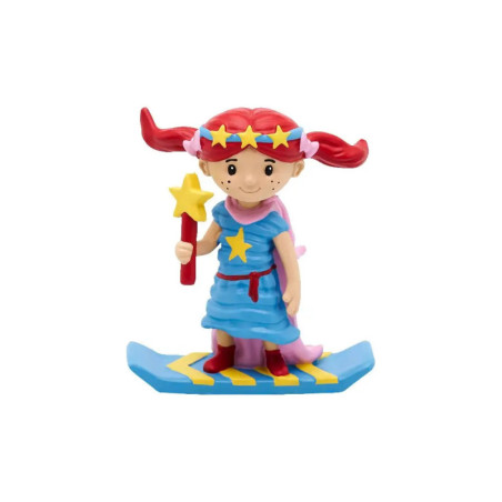 Mädchenfigur mit roten Zöpfen im blauen Kleid, hält einen Sternstab, steht auf blau-gelbem Brett. Mädchenfigur mit roten Zöpfen im blauen Kleid, hält einen Sternstab, steht auf blau-gelbem Brett.