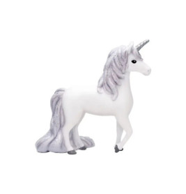 Weiße Einhornfigur mit silberner Mähne, Schweif und Horn steht auf vier Beinen vor weißem Hintergrund.