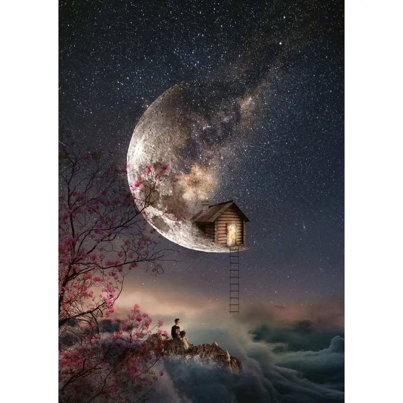 Eine Person sitzt auf einer Klippe und blickt auf eine Hütte auf dem Sichelmond unter einem Sternenhimmel. Eine Person sitzt auf einer Klippe und blickt auf eine Hütte auf dem Sichelmond unter einem Sternenhimmel.