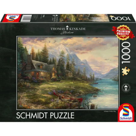 Schmidt Puzzle mit 1000 Teilen: Motiv von Thomas Kinkade zeigt eine Berghütte am See. Schmidt Puzzle mit 1000 Teilen: Motiv von Thomas Kinkade zeigt eine Berghütte am See.