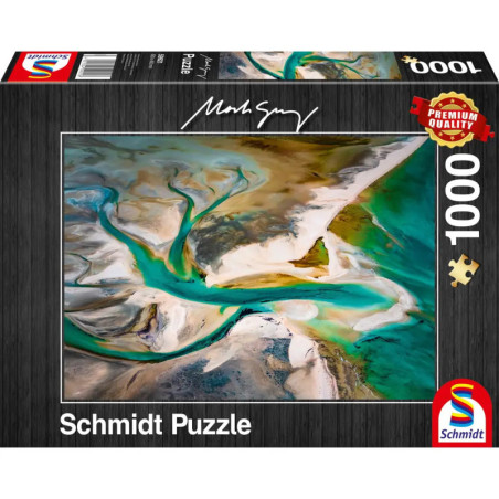 Schmidt Puzzle, 1000 Teile, Premium-Qualität Schachtel mit abstraktem Landschaftsmotiv aus der Vogelperspektive.