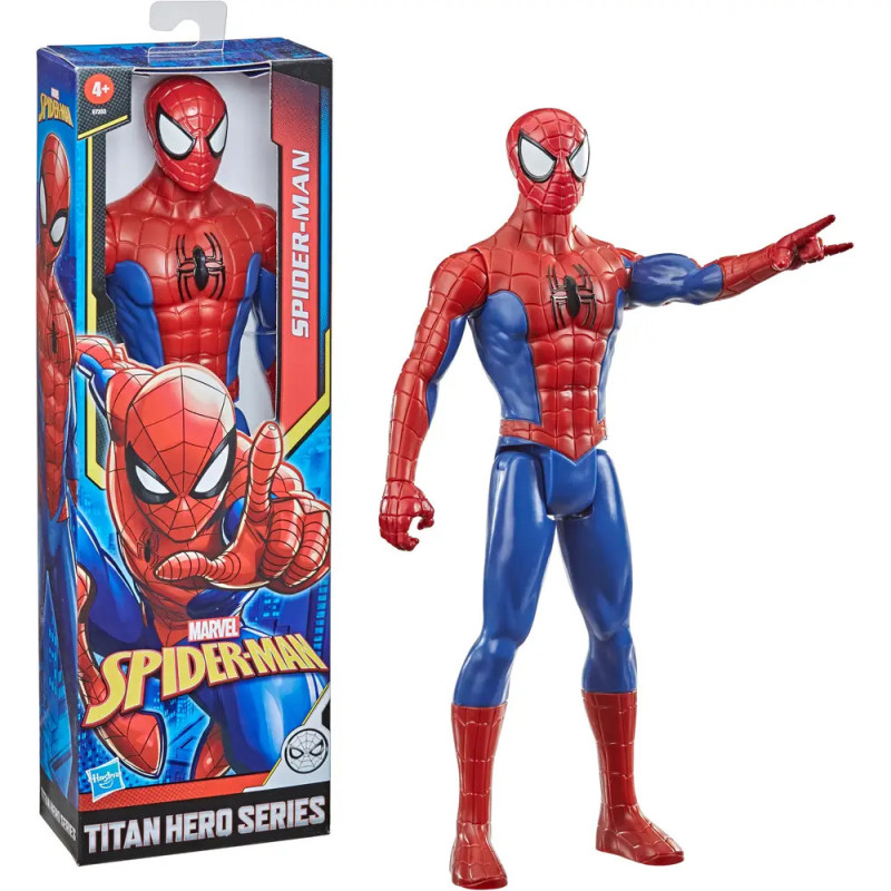Spider-Man Actionfigur steht neben bunter Verpackung der Marvel Titan Hero Series. Spider-Man Actionfigur steht neben bunter Verpackung der Marvel Titan Hero Series.