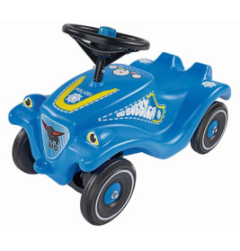 Blaues Kinder-Rutschauto mit Polizeimotiv und vier schwarzen Rädern.
