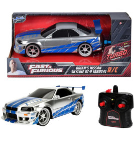 Ferngesteuertes Fast & Furious Nissan Skyline GT-R Spielzeugauto silber-blau, mit Verpackung und Fernbedienung.