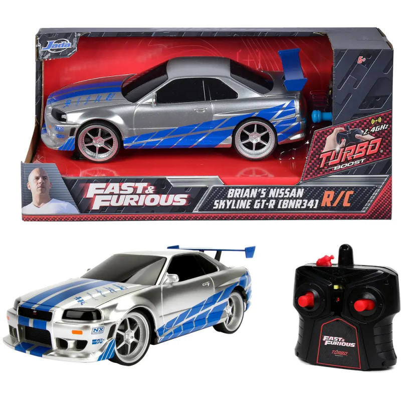 Ferngesteuertes Fast & Furious Nissan Skyline GT-R Spielzeugauto silber-blau, mit Verpackung und Fernbedienung. Ferngesteuertes Fast & Furious Nissan Skyline GT-R Spielzeugauto silber-blau, mit Verpackung und Fernbedienung.