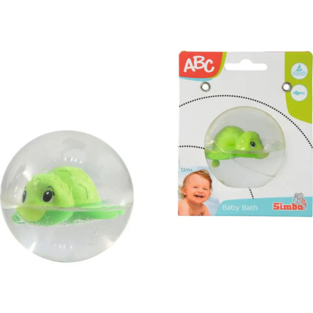 Grünes Schildkrötenspielzeug in Kugel, sowohl in Verpackung als auch außerhalb, für den Badespaß von Babys.