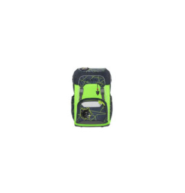 Schwarzer und hellgrüner Kinderrucksack mit Dinosaurier-Motiv und Fronttasche vor weißem Hintergrund.