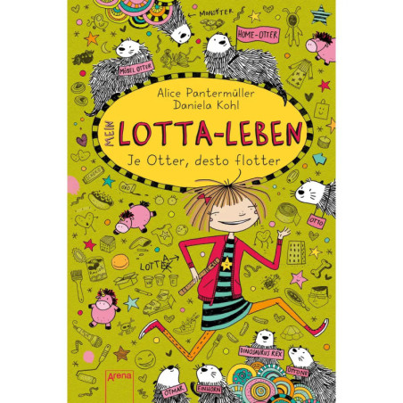 Buntes Buchcover mit lächelndem Mädchen, verspielten Ottern und Kritzeleien Titel: Mein Lotta-Leben.