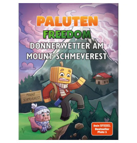 Comicfiguren besteigen den Mount Schmeverest bei stürmischem Himmel, im Hintergrund steht ein Haus.