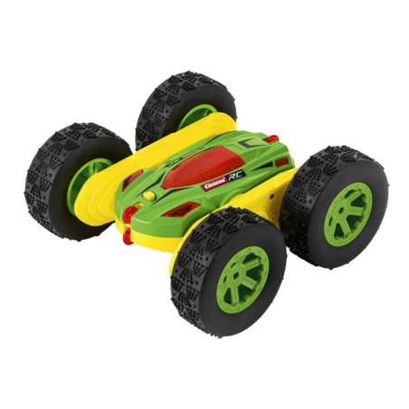 Grünes und gelbes ferngesteuertes Spielzeugauto mit großen schwarzen Reifen und roten Akzenten.
