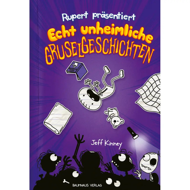 Lila Buchcover mit gezeichneten Skeletten, fliegenden Objekten und deutschem Titel für Gruselgeschichten von Jeff Kinney.