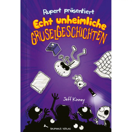 Lila Buchcover mit gezeichneten Skeletten, fliegenden Objekten und deutschem Titel für Gruselgeschichten von Jeff Kinney.