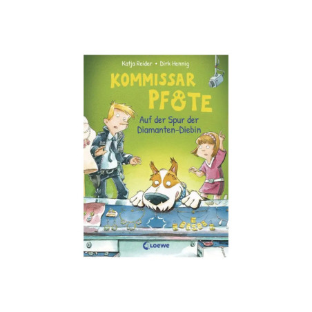 Buchcover von Kommissar Pfote: Kinder und ein Hund untersuchen gemeinsam Schmuck auf einem Tisch.