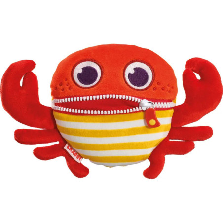 Plüschrote Krabbe mit großen Augen, Reißverschlussmund und gelb-weiß gestreiftem Bauch.