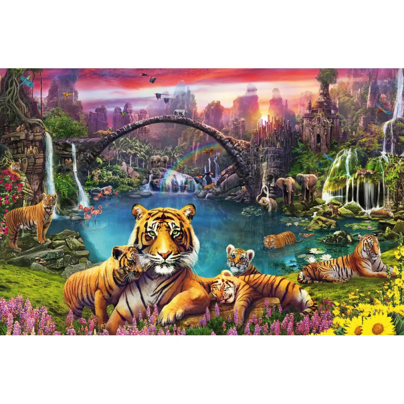 Mehrere Tiger ruhen bei Sonnenuntergang an einem lebhaften See mit Wasserfällen, Blumen, Ruinen und einer Steinbrücke. Mehrere Tiger ruhen bei Sonnenuntergang an einem lebhaften See mit Wasserfällen, Blumen, Ruinen und einer Steinbrücke.
