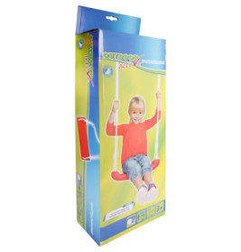 Box mit Bild eines lachenden Kindes auf roter Schaukel, Aufschrift: Outdoor active Brettschaukel.