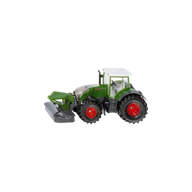 Grüner Spielzeugtraktor mit roten Rädern und Frontaufsatz vor weißem Hintergrund. Grüner Spielzeugtraktor mit roten Rädern und Frontaufsatz vor weißem Hintergrund.