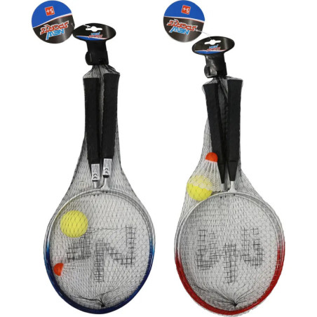 Zwei Kunststoffschläger in Netztaschen, je mit einem gelben und einem orangefarbenen Ball für Kinderspiele.