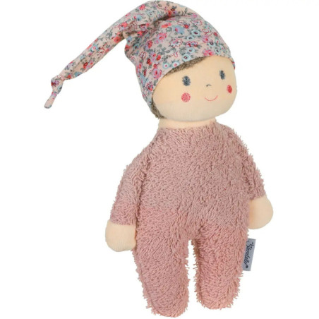 Plüschpuppe mit Blumenhut und rosa flauschigem Outfit, lächelt mit rosigen Wangen.