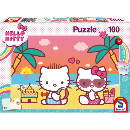 Hello Kitty und ein Freund sitzen am Strand mit Palmen, Sandburg und Sonnenuntergang auf einer Puzzlebox.