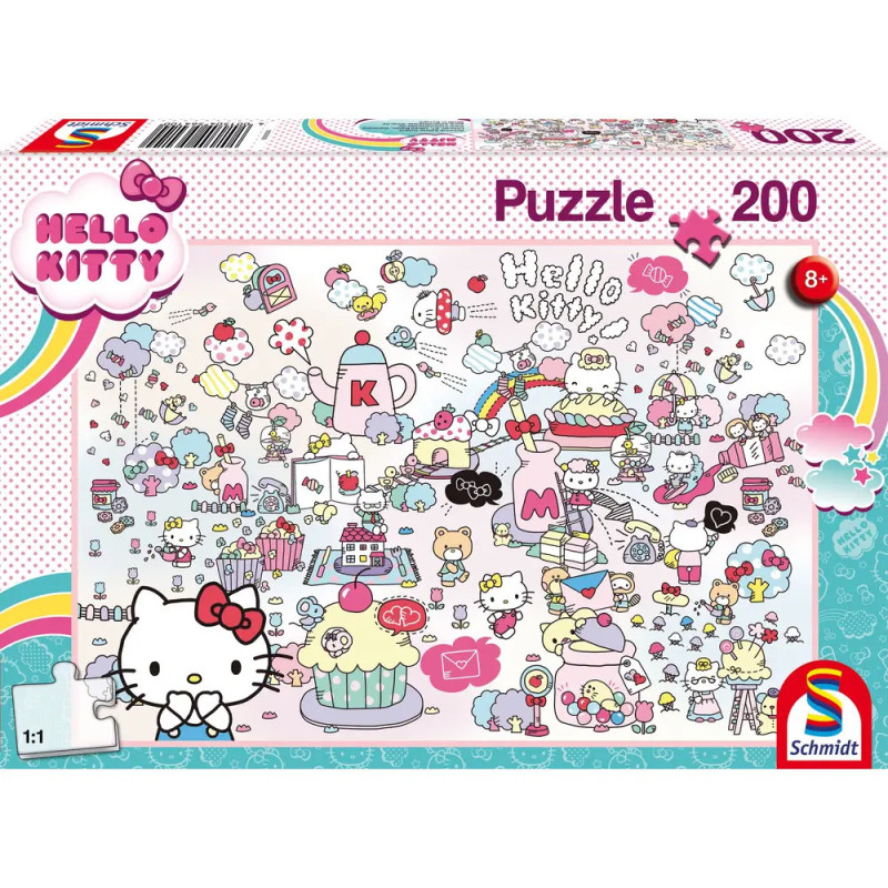 Hello Kitty Puzzle mit 200 Teilen, bunten, verspielten Illustrationen und großem Hello Kitty-Motiv auf der Schachtel.