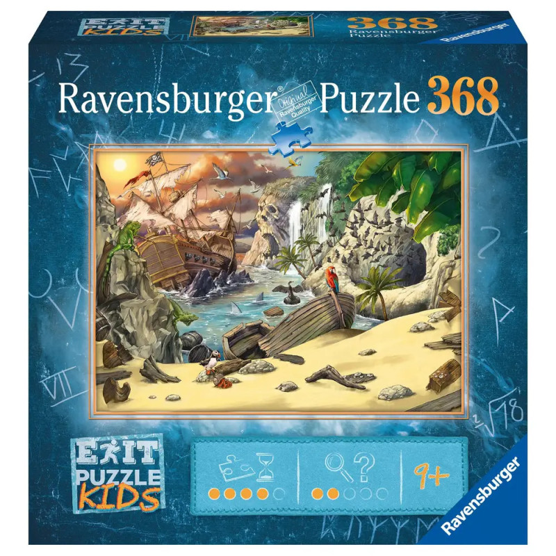 Box des 368-teiligen Ravensburger Puzzles mit einem Piratenschiffswrack am tropischen Strand. Box des 368-teiligen Ravensburger Puzzles mit einem Piratenschiffswrack am tropischen Strand.