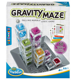 Gravity Maze Brettspielschachtel mit bunten Türmen und Murmeln, als Logikspiel mit fallenden Kugeln gekennzeichnet.