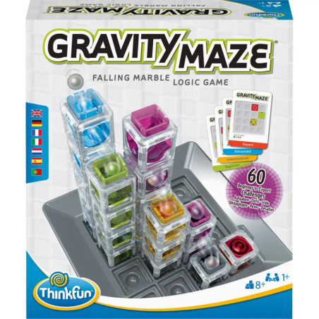 Gravity Maze Brettspielschachtel mit bunten Türmen und Murmeln, als Logikspiel mit fallenden Kugeln gekennzeichnet.