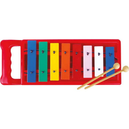 Buntes Spielzeug-Xylophon mit acht farbigen Klangstäben und zwei Holzschlägeln auf rotem Kunststoffsockel.