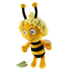 Ein gelb-schwarzes Plüsch-Bienenspielzeug mit grünen Augen, Lächeln und zwei schwarzen Fühlern.