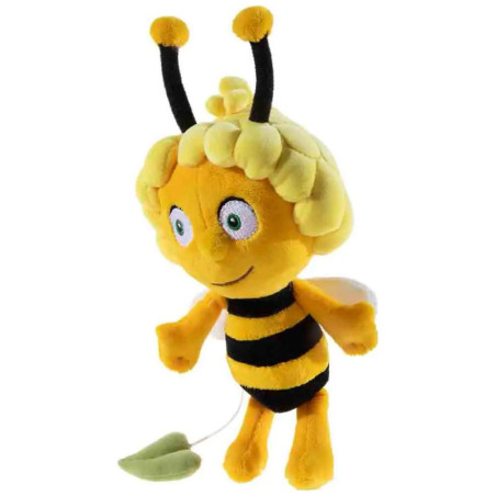 Ein gelb-schwarzes Plüsch-Bienenspielzeug mit grünen Augen, Lächeln und zwei schwarzen Fühlern.