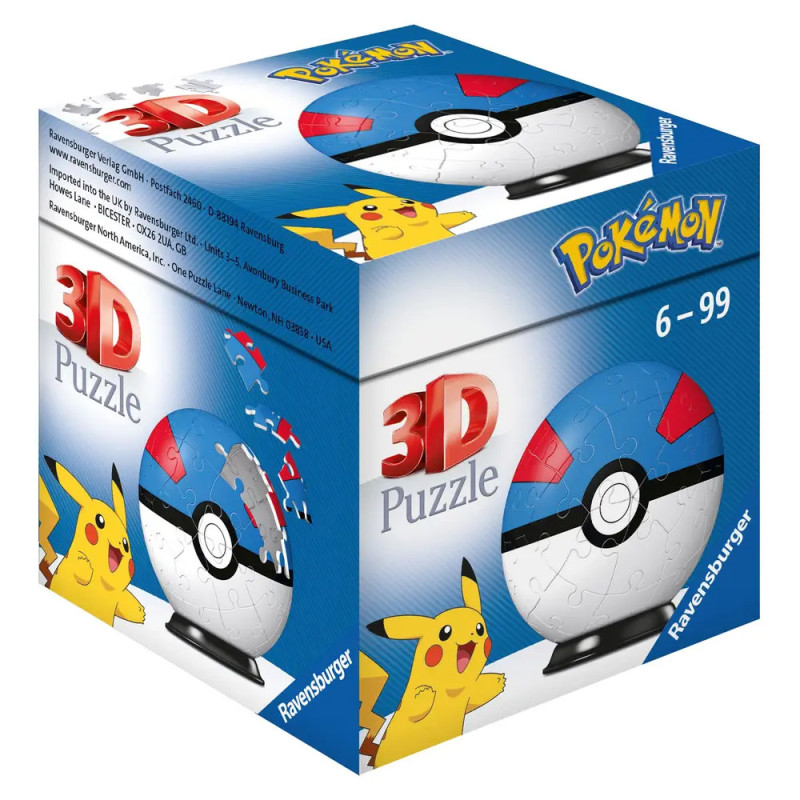 Blaue Box mit 3D-Pokéball-Puzzle und Pikachu, beschriftet als Pokémon 3D Puzzle für Kinder ab 6 Jahren.