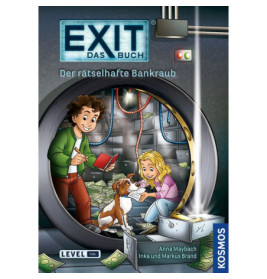 Zwei Kinder und ein Hund untersuchen auf einem Buchcover Hinweise und Geld in einem großen Tresor.