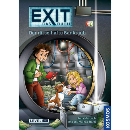 Zwei Kinder und ein Hund untersuchen auf einem Buchcover Hinweise und Geld in einem großen Tresor. Zwei Kinder und ein Hund untersuchen auf einem Buchcover Hinweise und Geld in einem großen Tresor.