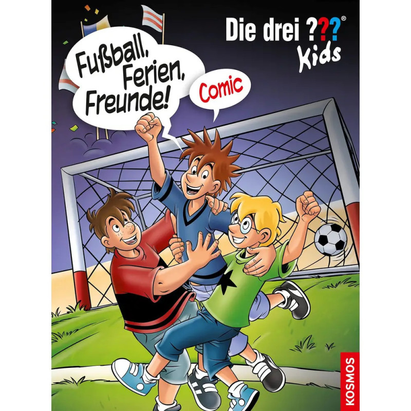 Drei gezeichnete Jungen jubeln mit Fußball vor einem Tor Text: Fußball. Ferien. Freunde!. Drei gezeichnete Jungen jubeln mit Fußball vor einem Tor Text: Fußball. Ferien. Freunde!.