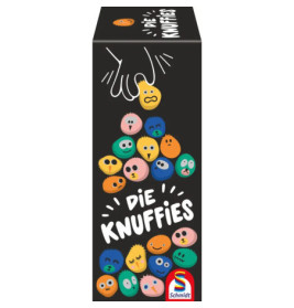 Eine Hand wählt aus bunten, ausdrucksstarken Cartoon-Gesichtern einen gelben Knuffie mit traurigem Gesicht. Text: Die Knuffies.