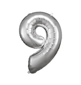 Grosse Zahl 9 Silber Folienballon N34 verpackt 63 cm x 86 cm