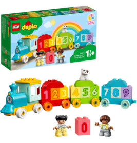 LEGO DUPLO Zahlenzug mit buntem Zug, nummerierten Bausteinen, zwei Kinderfiguren und einem Teddybär.