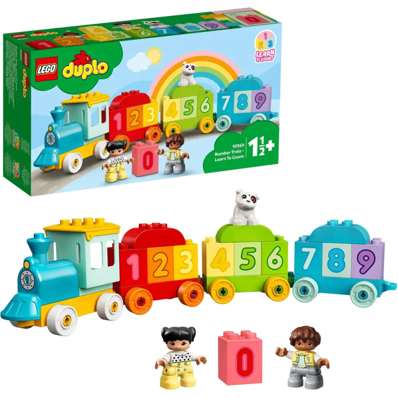 LEGO DUPLO Zahlenzug mit buntem Zug, nummerierten Bausteinen, zwei Kinderfiguren und einem Teddybär.