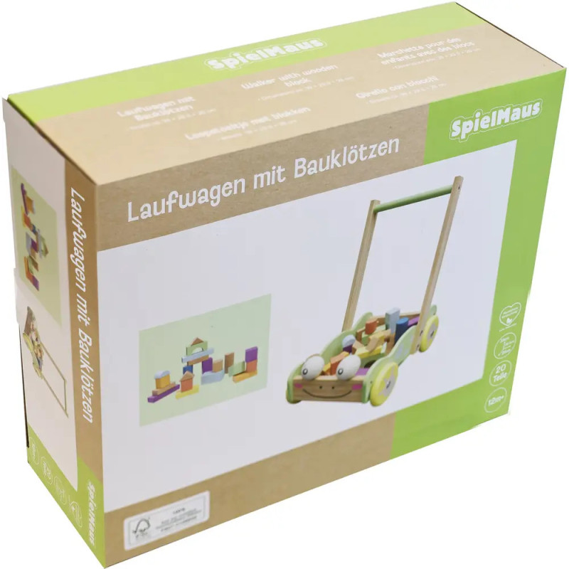 SpielMaus Holz Laufwagen mit Bauklötzen, 20 Stück