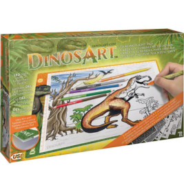 DinosArt Lichtzeichentablett-Box mit Dinosaurierzeichnung, Buntstiften und einer kolorierenden Hand.