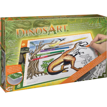 DinosArt Lichtzeichentablett-Box mit Dinosaurierzeichnung, Buntstiften und einer kolorierenden Hand. DinosArt Lichtzeichentablett-Box mit Dinosaurierzeichnung, Buntstiften und einer kolorierenden Hand.