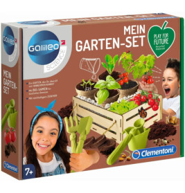 Garten-Set für Kinder von Clementoni mit Pflanzen, Werkzeugen und lachendem Mädchen auf der Verpackung.