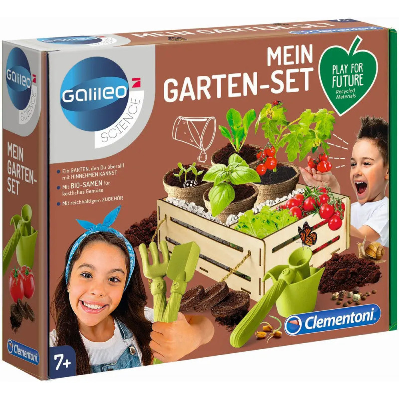 Garten-Set für Kinder von Clementoni mit Pflanzen, Werkzeugen und lachendem Mädchen auf der Verpackung. Garten-Set für Kinder von Clementoni mit Pflanzen, Werkzeugen und lachendem Mädchen auf der Verpackung.