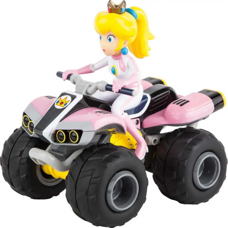 Princess Peach Figur in pinkem Rennanzug fährt ein pink-schwarzes Quad-Spielzeugfahrzeug.