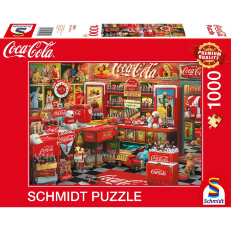 Schmidt-Puzzle mit 1000 Teilen und farbenfrohem, nostalgischem Coca-Cola-Ladendisplay.