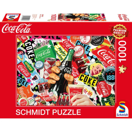 1000-teiliges Schmidt-Puzzle mit Collage aus Coca-Cola-Werbung, Flaschen, Dosen und alten Logos.