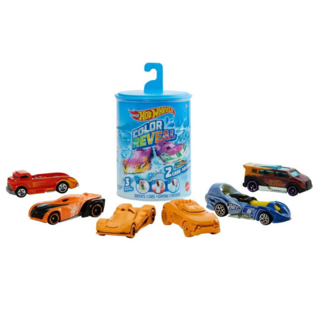 Fünf bunte Spielzeugautos umgeben eine blaue Hot Wheels Color Reveal Dose mit Henkel und auffälligem Logo.