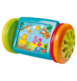 Buntes Spielzeug mit Rädern und Tiermotiven wie Löwe, Vögel, Affe und Tiger auf der Vorderseite.